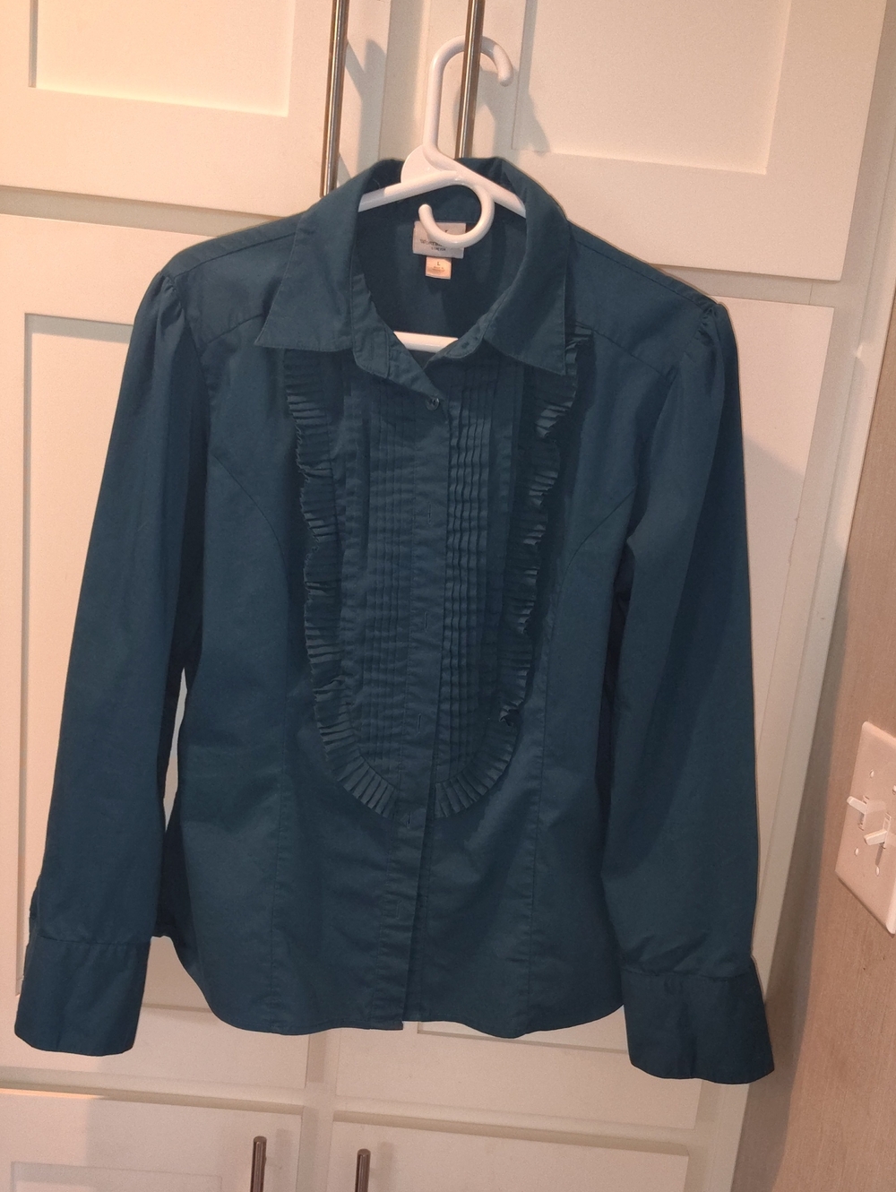 Worthington Teal Ruffle-Trim Button Down Shirt